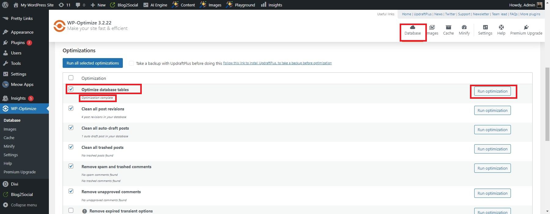 wp-optimize veritabanı
