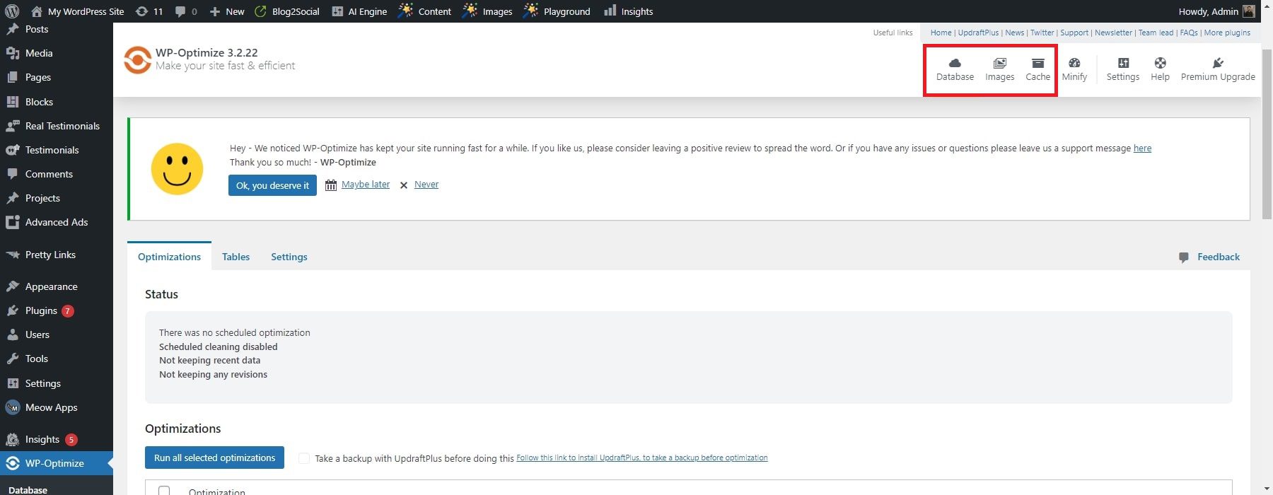 wp-optimize kontrol paneli