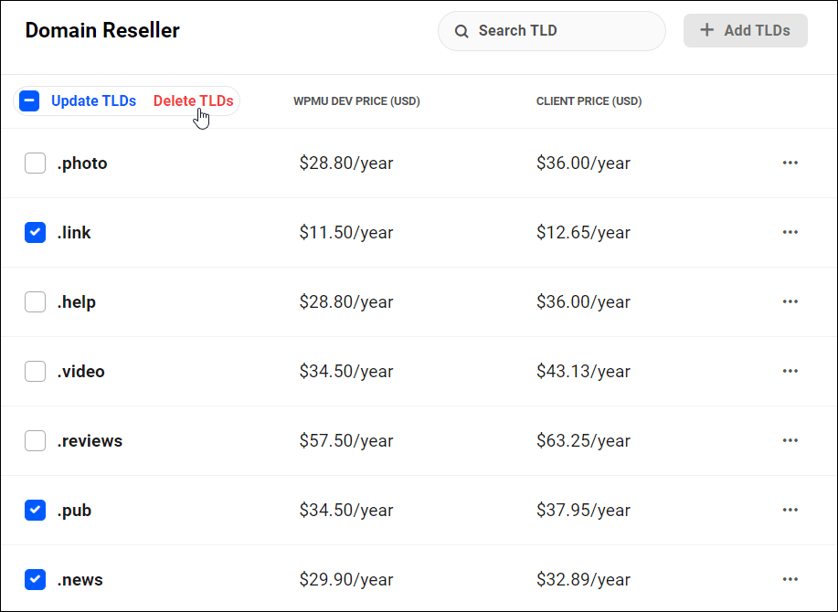 Excluir TLDs selecionados