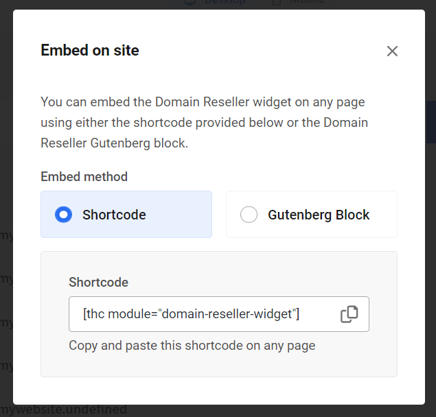 Incorporar modal de widget de domínio