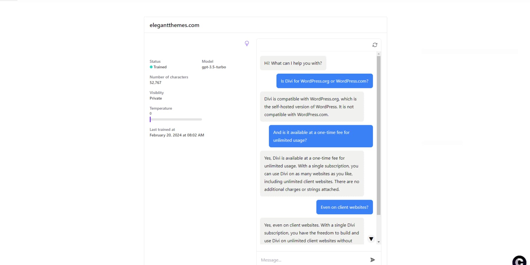 O captură de ecran a Chatbase care răspunde la întrebările clienților
