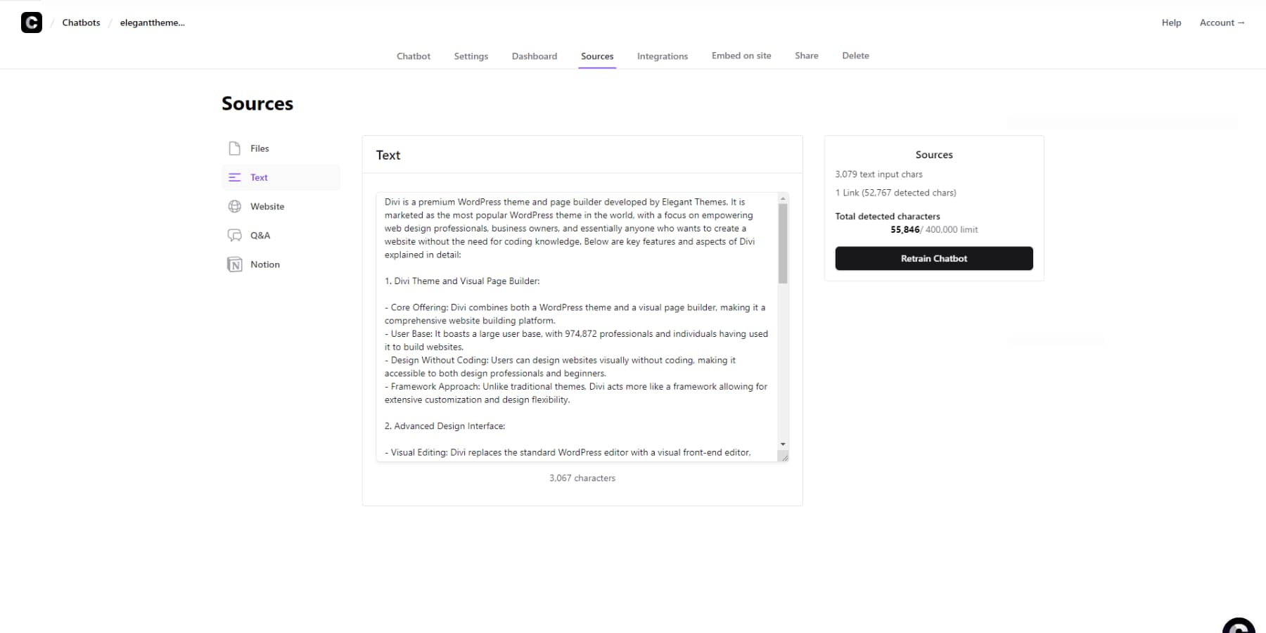 Zrzut ekranu przedstawiający Dodawanie danych do Chatbase
