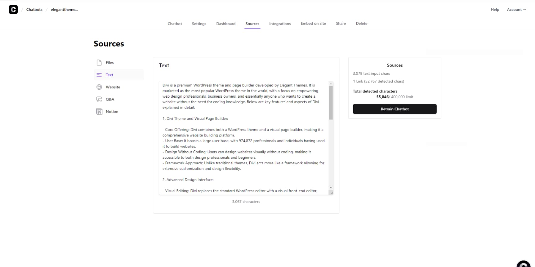 ภาพหน้าจอของการเพิ่มข้อมูลลงใน Chatbase