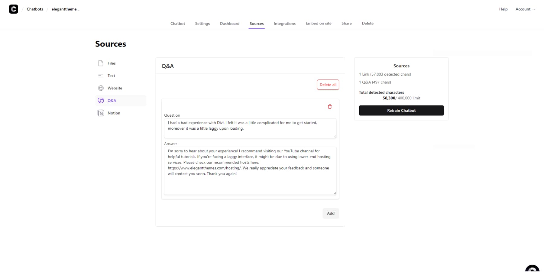 Chatbase'in Soru-Cevap araçlarının ekran görüntüsü