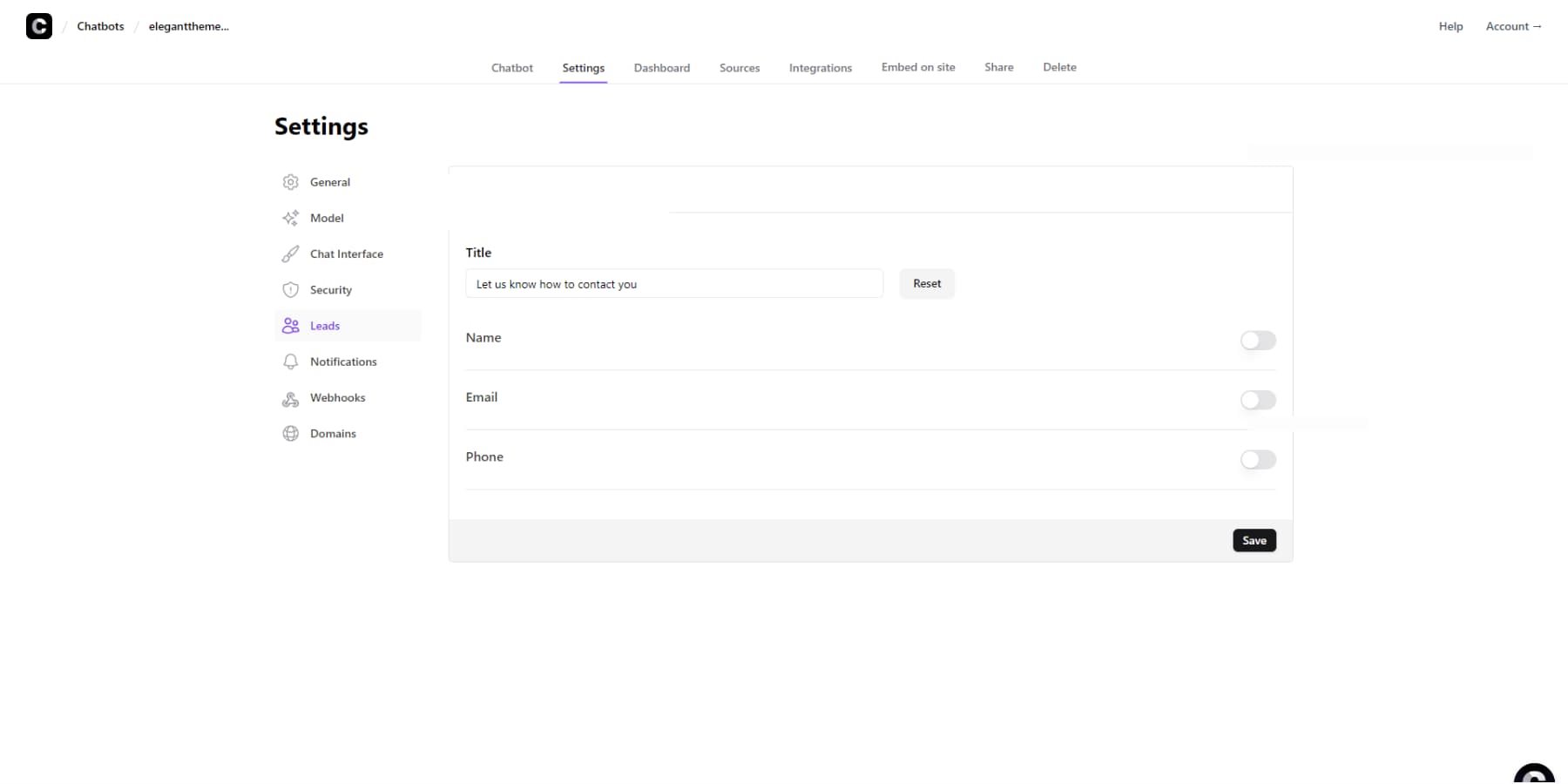 Uno screenshot degli strumenti di raccolta lead di Chatbase