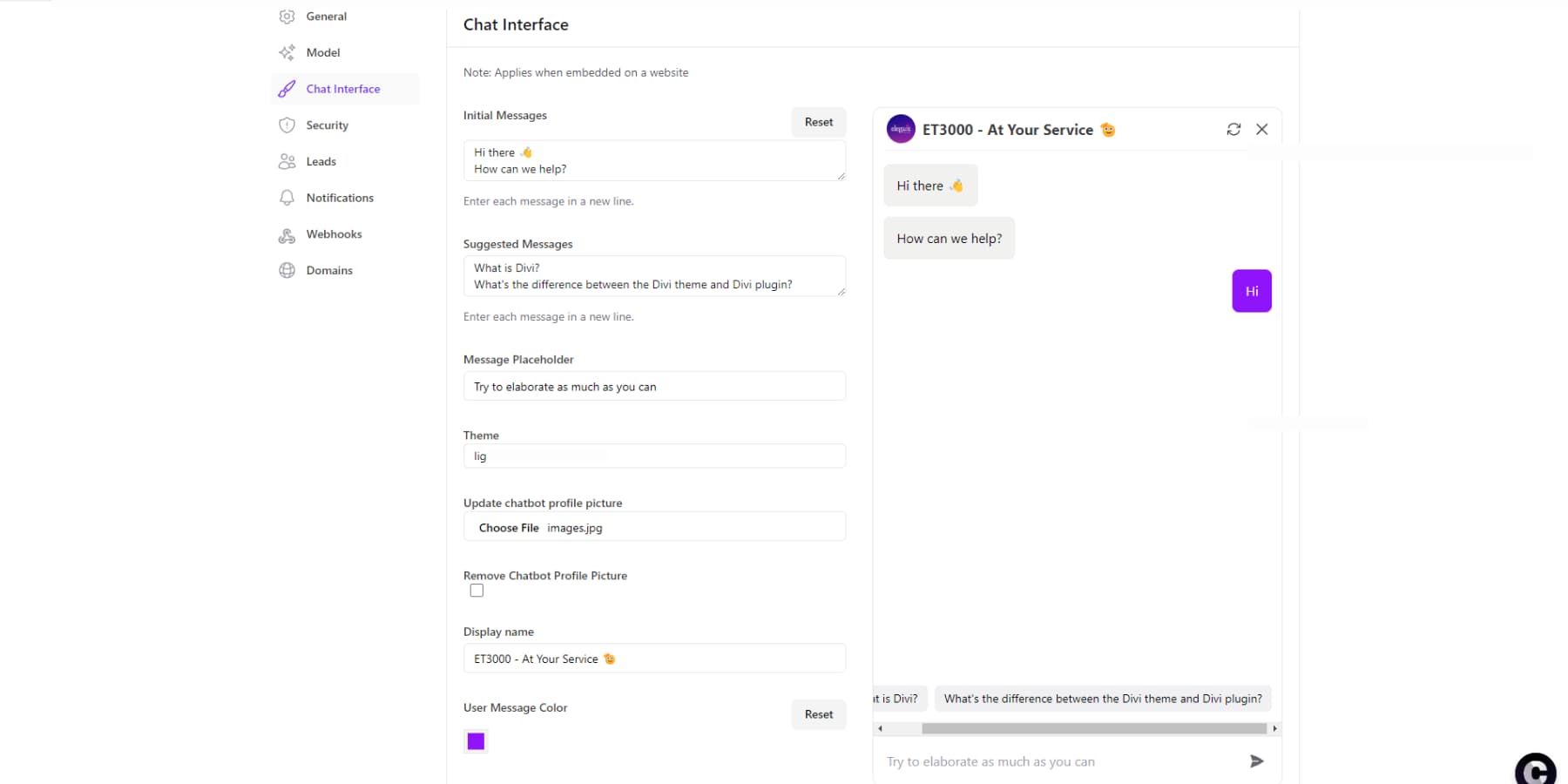 Uno screenshot delle funzionalità di personalizzazione di Chatbase
