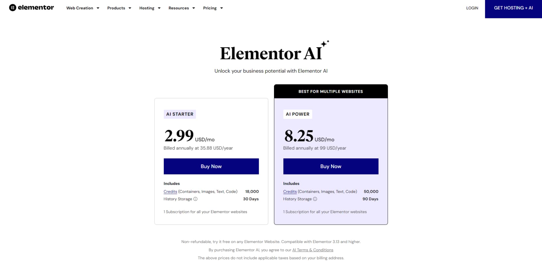 Ein Screenshot der Preisgestaltung von Elementor AI