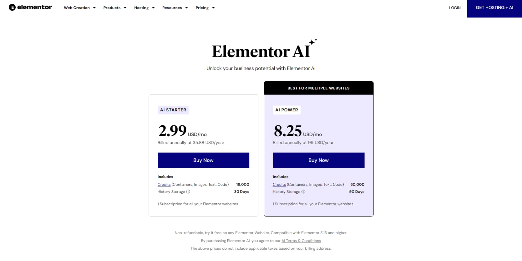 Uma captura de tela dos preços do Elementor AI