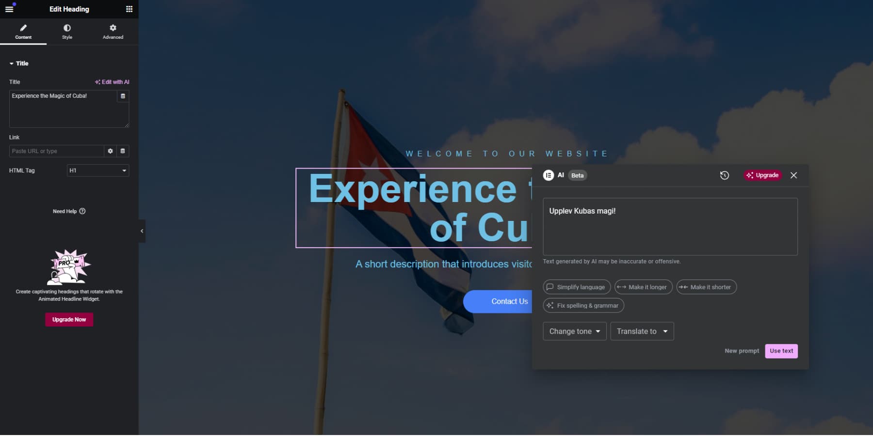 Uma captura de tela do conteúdo da Elementor AI traduzindo