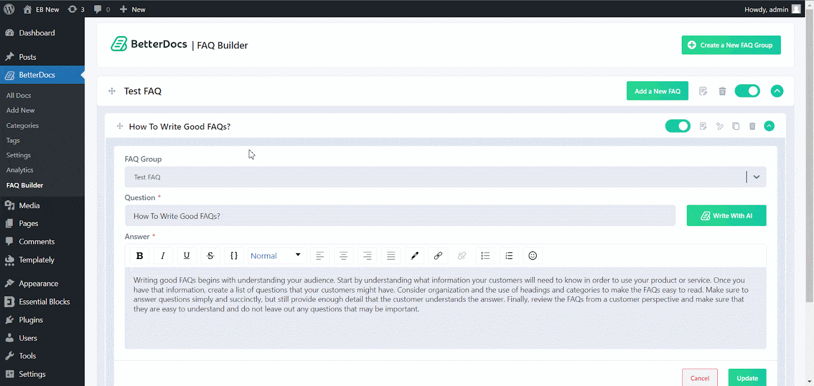 Como escrever perguntas frequentes com IA no WordPress usando BetterDocs? 7 BetterDocs Write With AI