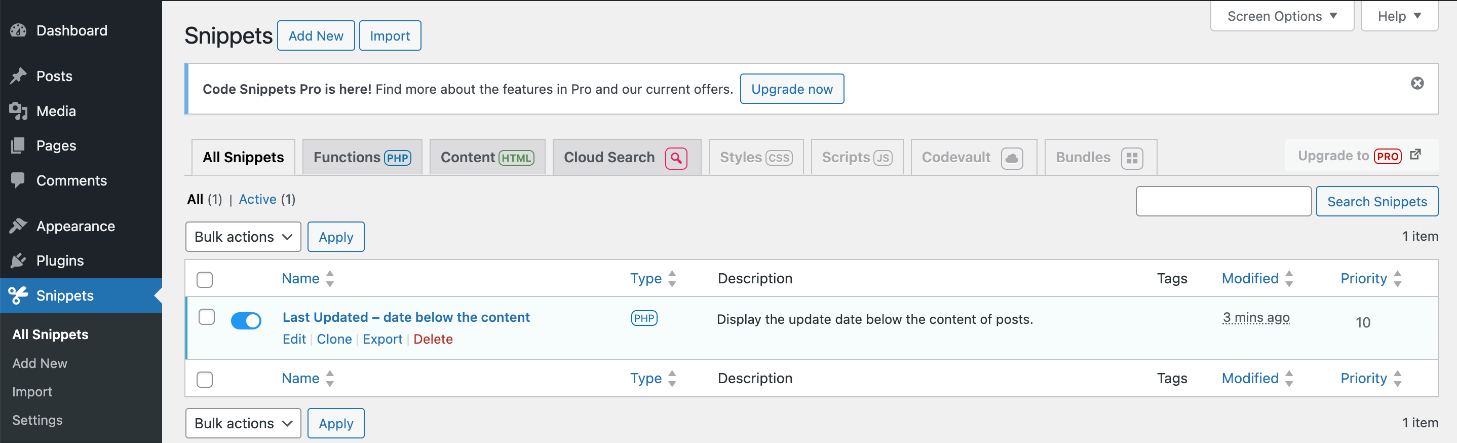 Liste des extraits de code dans le plugin Code Snippets.