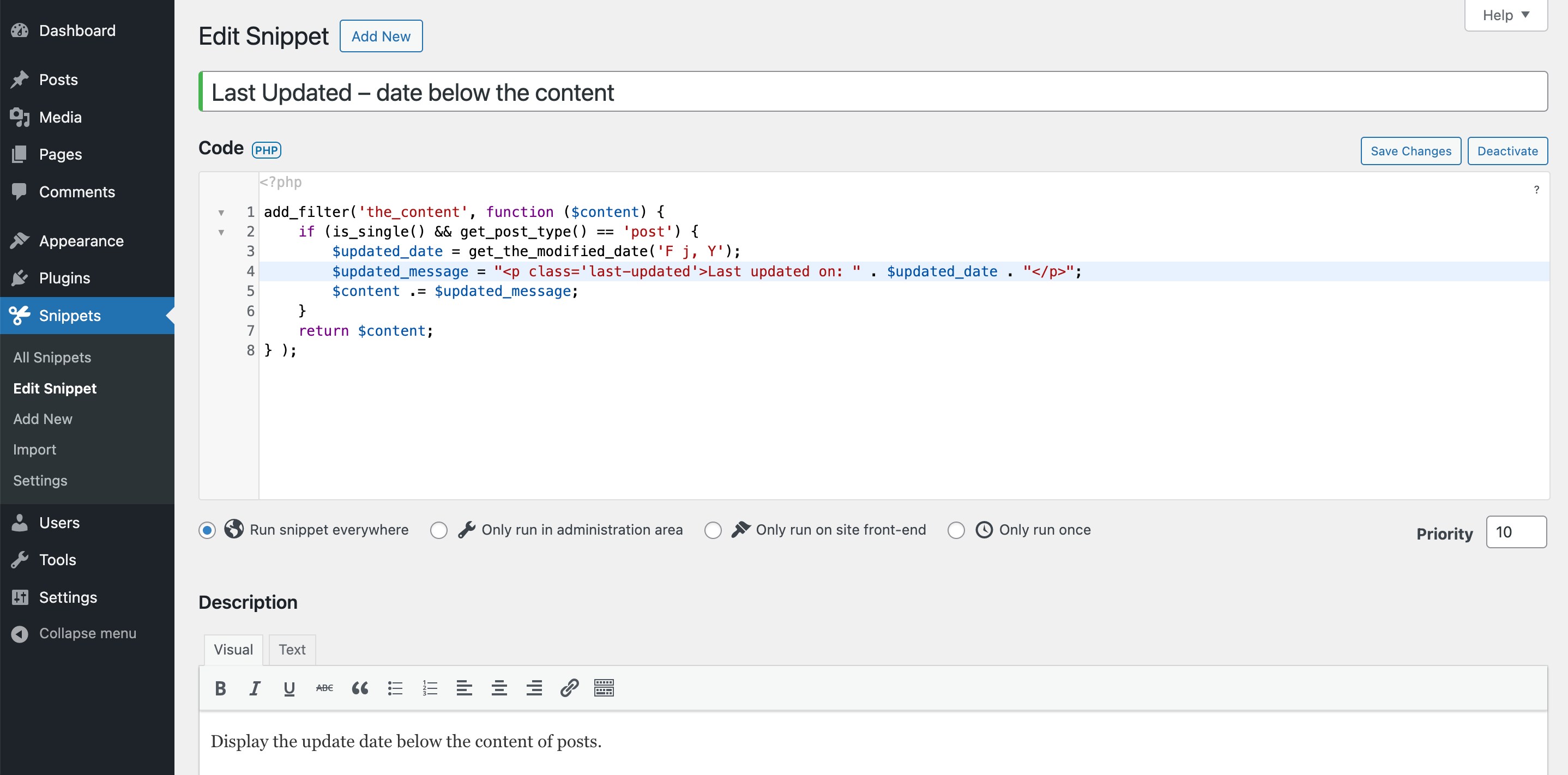Exemple d'extraits de code personnalisés sur la page du plugin Code Snippets.