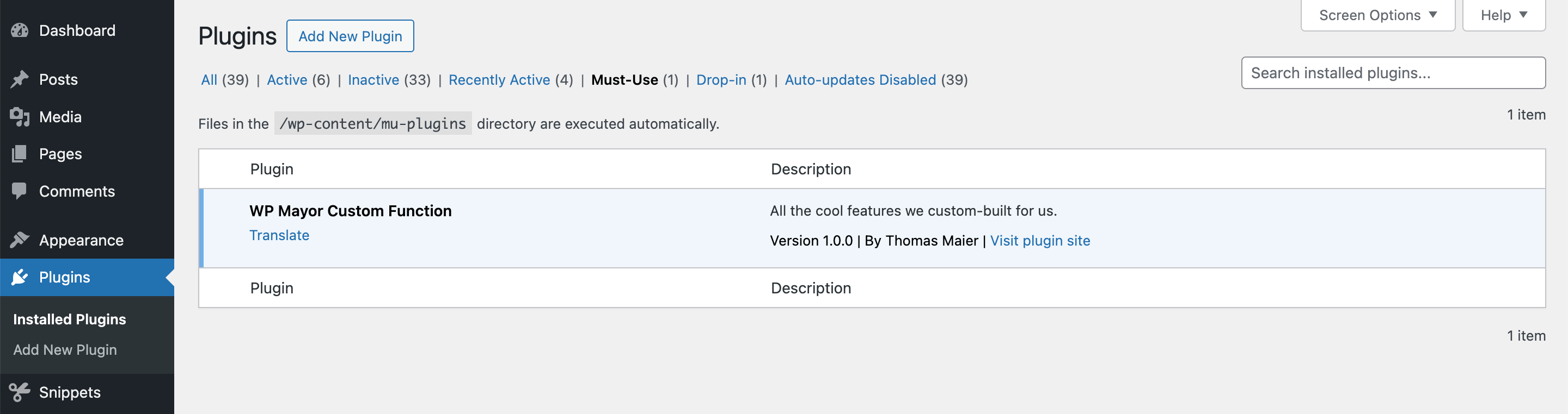 Un plugin de fonction personnalisée WordPress incontournable répertorié sous Plugins dans l’administration WordPress.