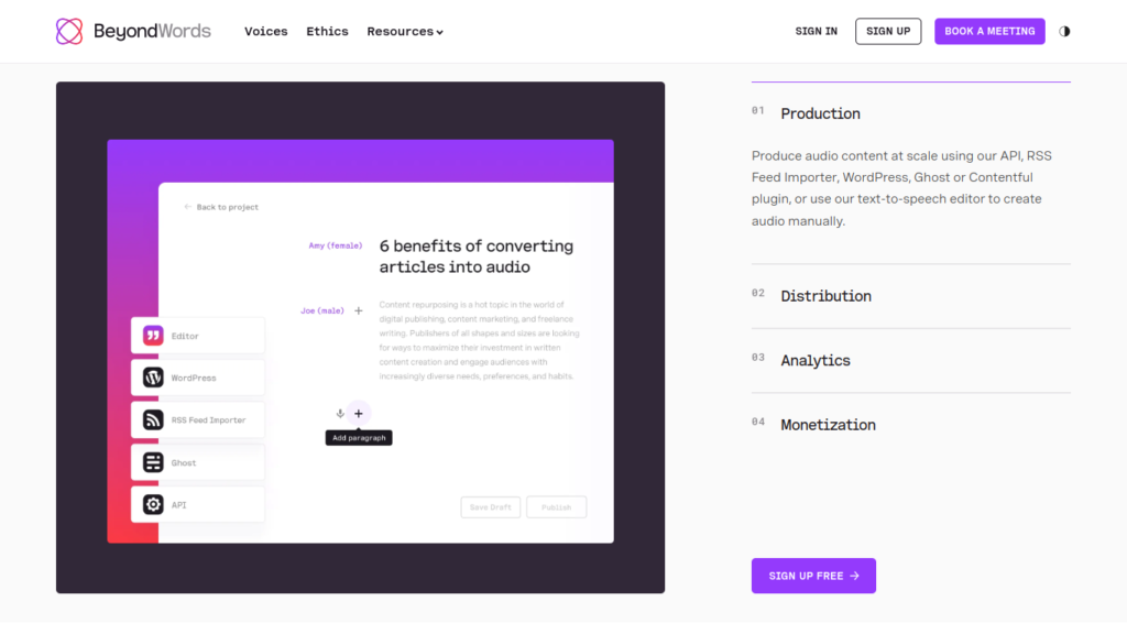 Screenshot der BeyondWords-Landingpage des KI-Text-zu-Sprache-Plugins A preview of the BeyondWords WordPress plugin