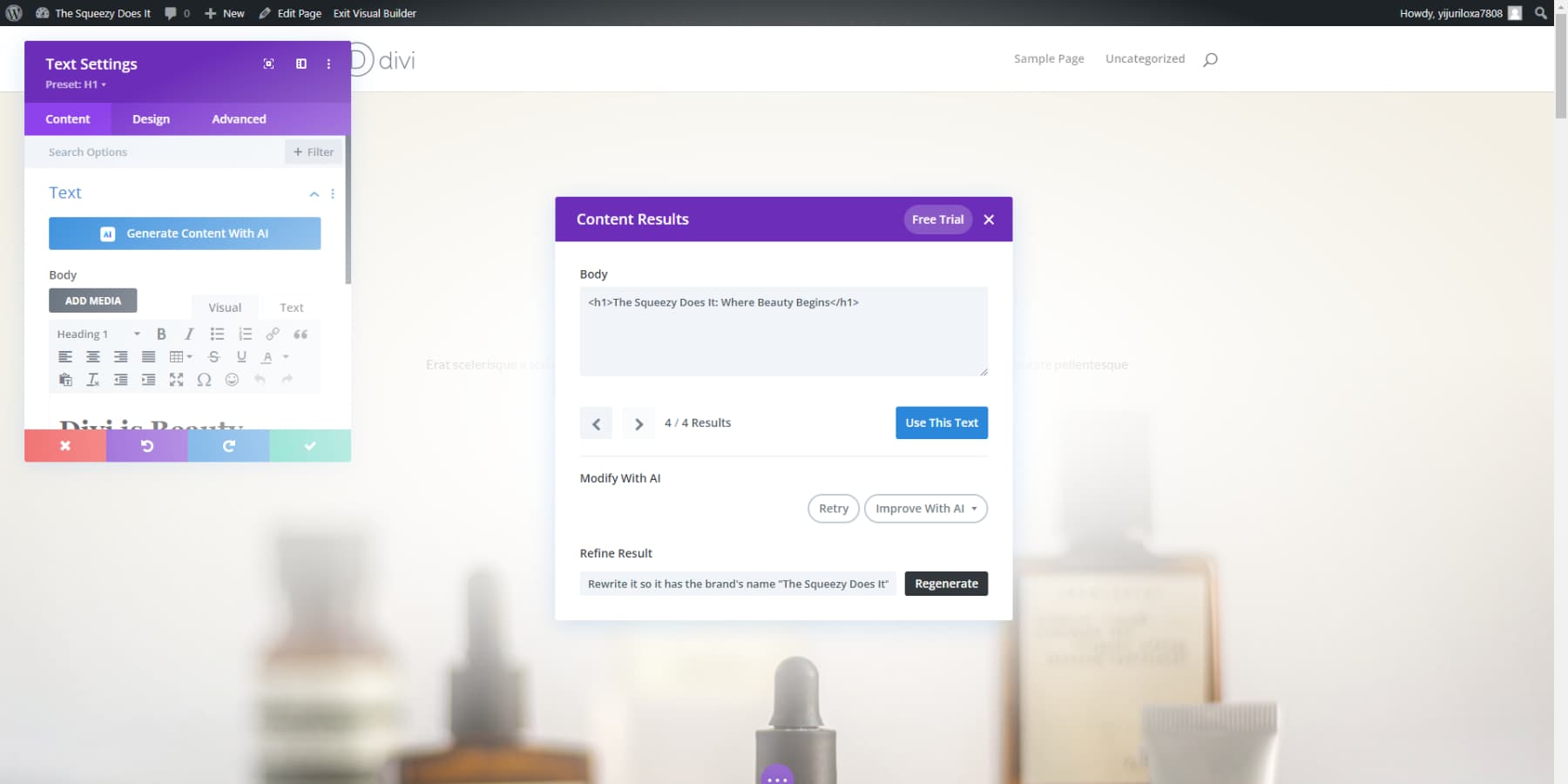 ภาพหน้าจอของ Divi AI ที่สร้างข้อความ Hero
