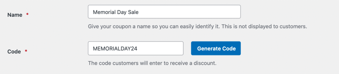 Creating the Memorial Day coupon code in WPForms