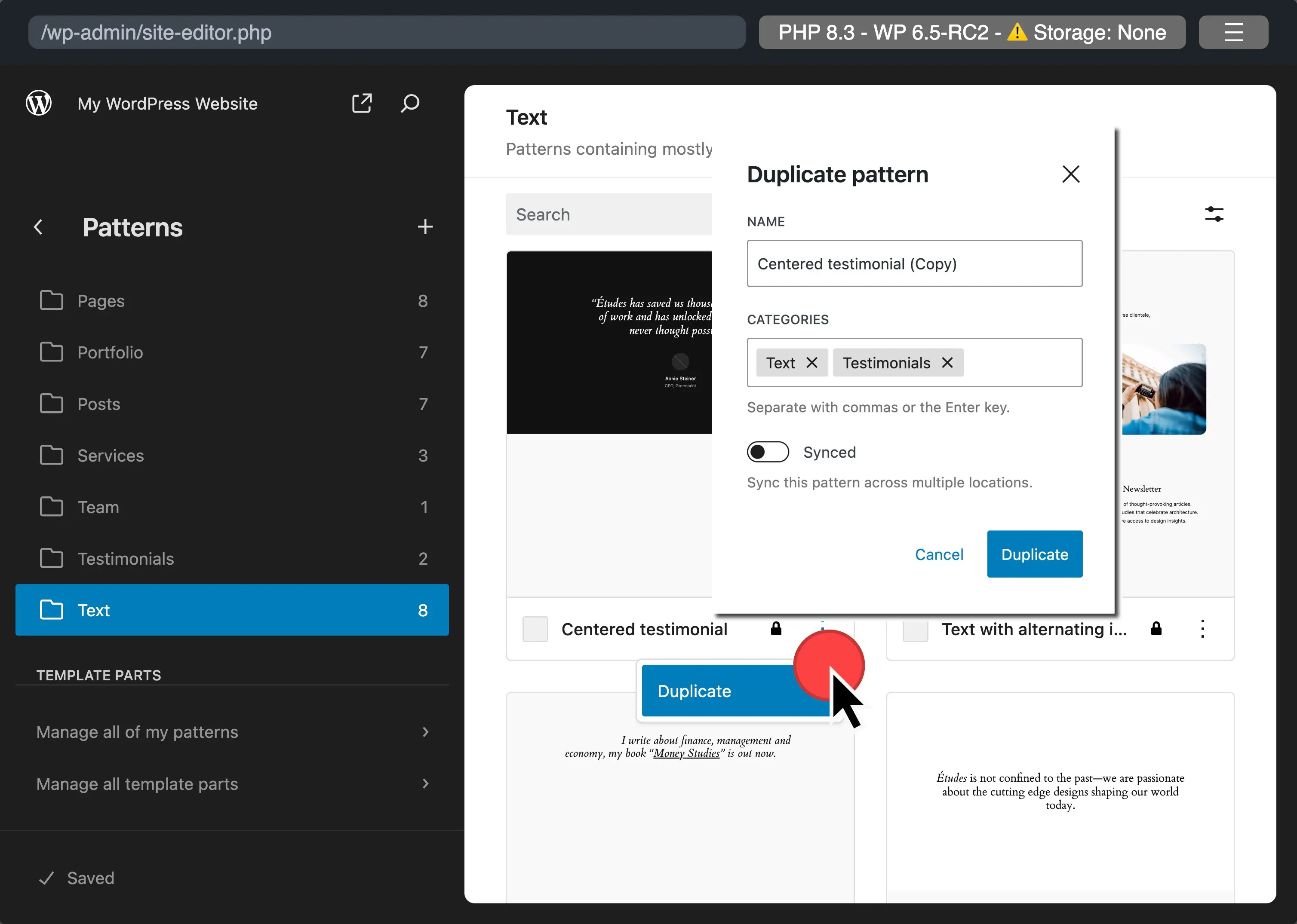 Pattern duplicati in WordPress 6.5