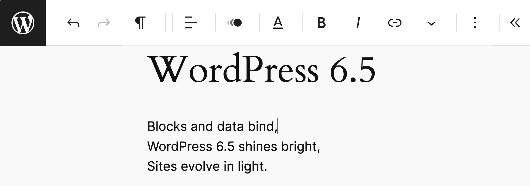 Modul WordPress 6.5 fără distracție a fost activat, demonstrând bara de instrumente de sus.