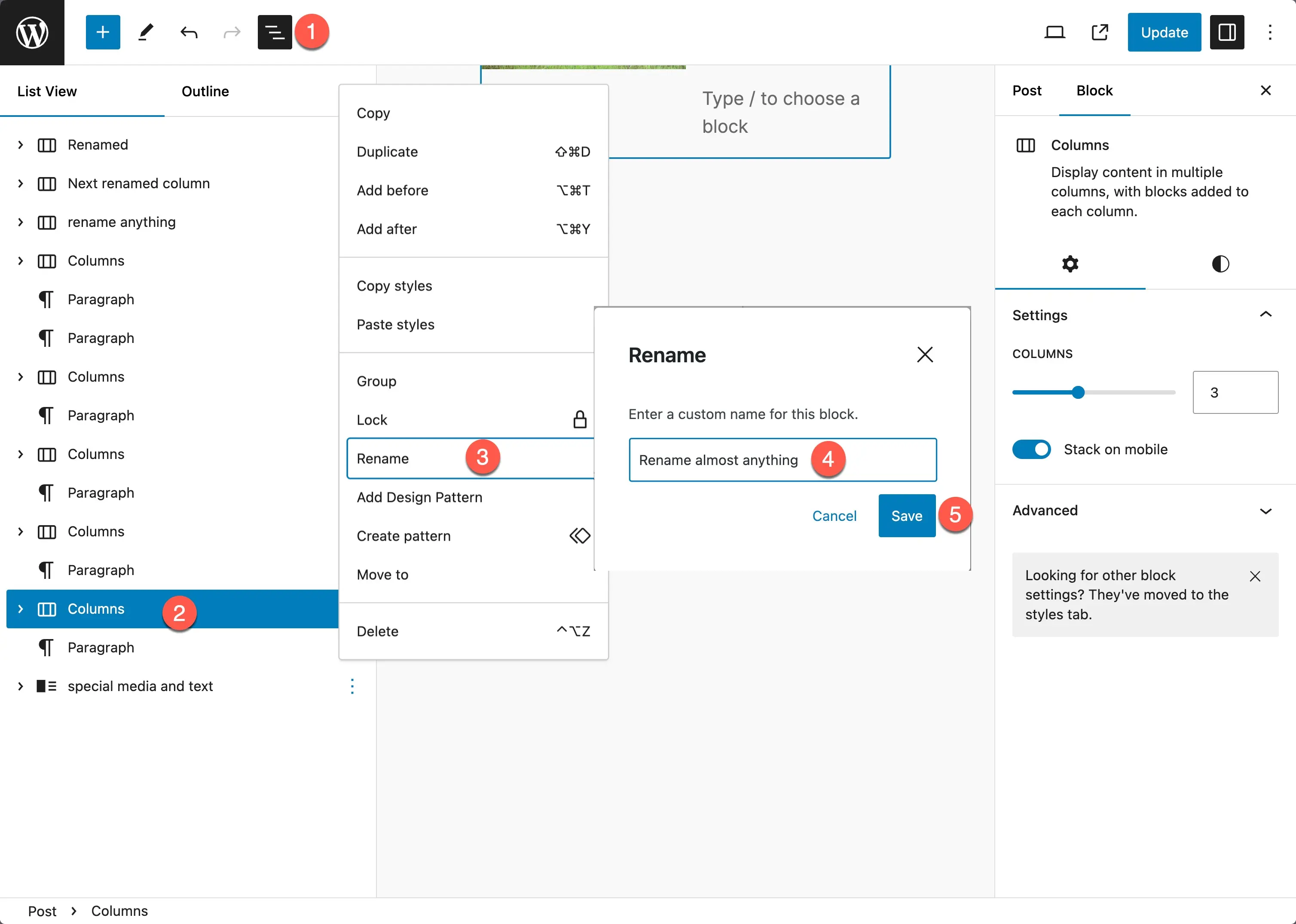 WordPress 6.5 List View renommer les blocs