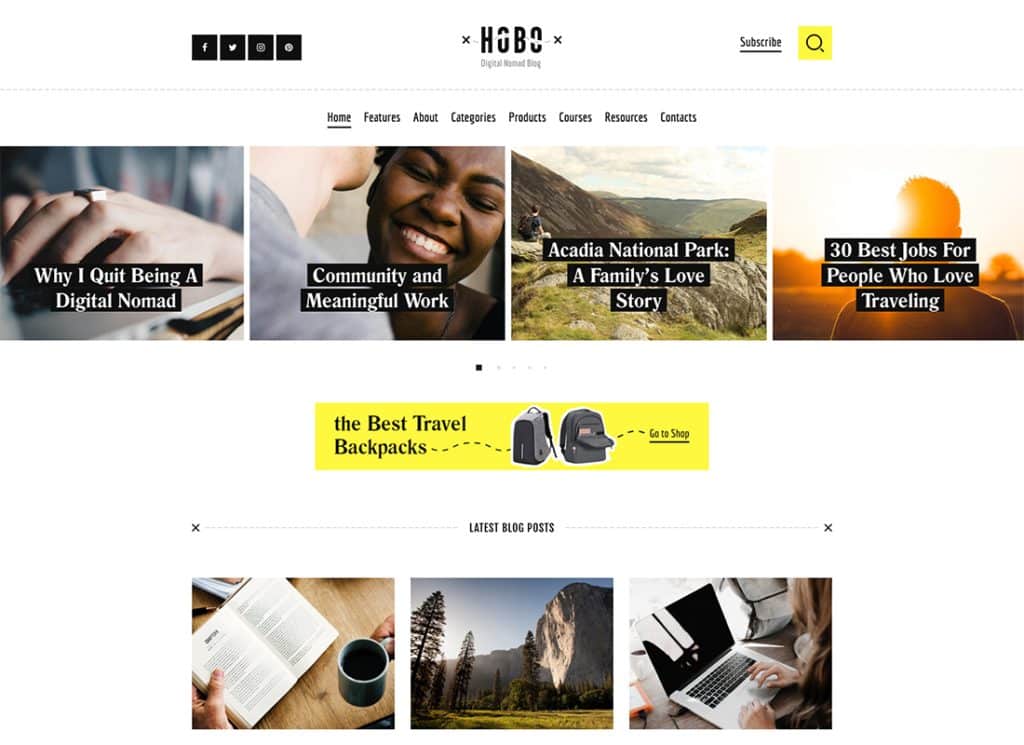 Hobo - سمة WordPress لمدونة نمط حياة السفر الرقمية البدوية