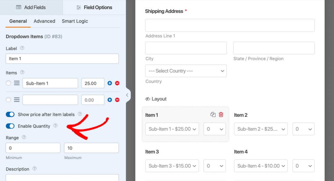 Enabling the quantity in the dropdown items field