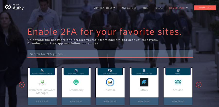 Beranda Authy dengan panduan tentang 2fa