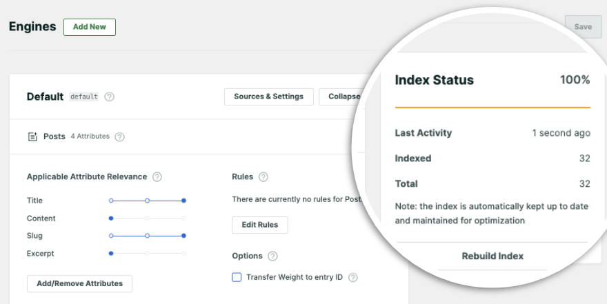 Statut de l'index SearchWP terminé