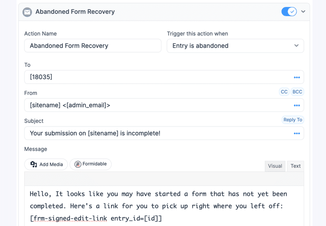 Editor de e-mail de carrinho abandonado em Formidable Forms