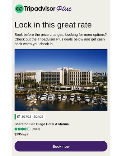 TripAdvisor 的酒店预订提醒电子邮件