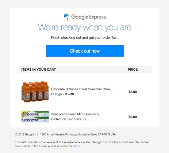 Google Express terk edilmiş alışveriş sepeti e-posta örneği