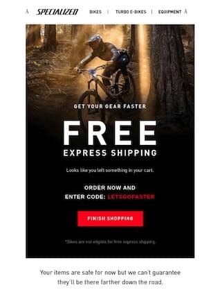 越野自行车的视觉电子邮件，宣传订单免费送货