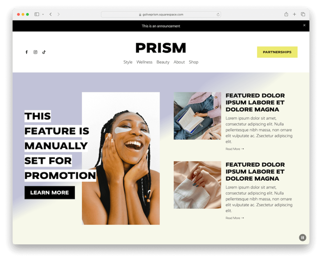 Шаблон блога Prism Squarespace