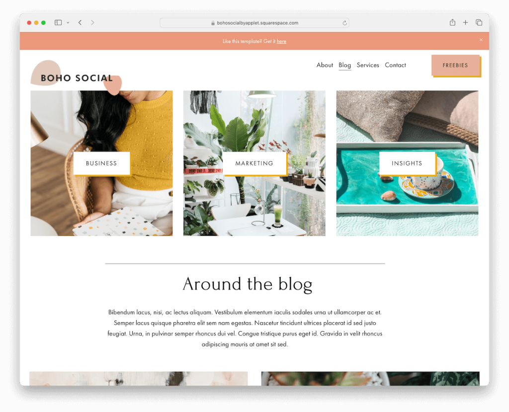 boho szablon bloga społecznościowego Squarespace