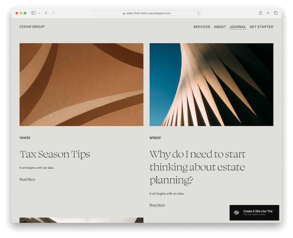 Шаблон блога Cedar Squarespace