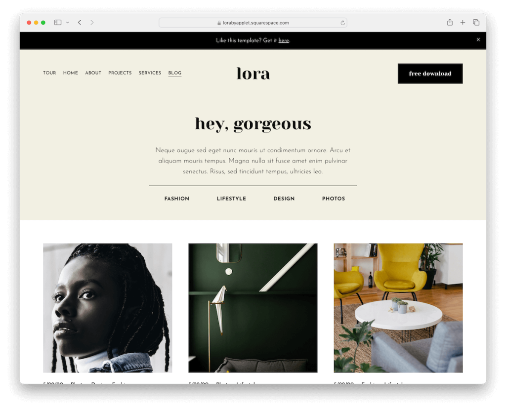 Modello di blog di lora Squarespace