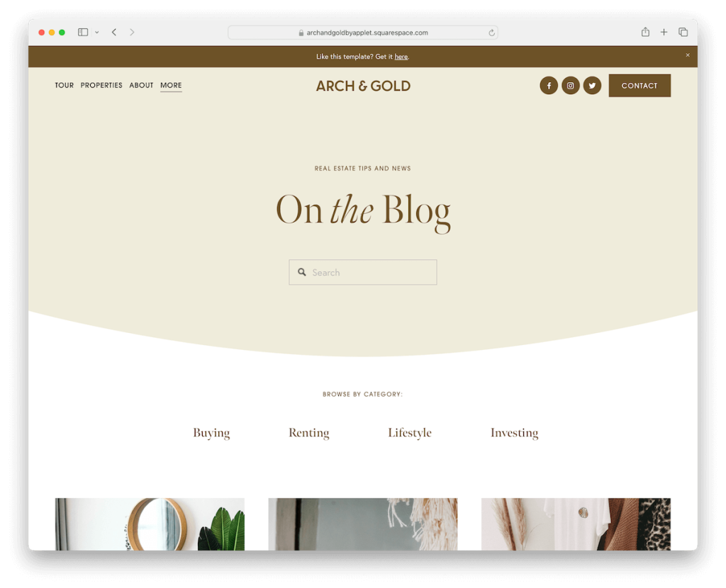 เทมเพลตบล็อก Arch Gold Squarespace