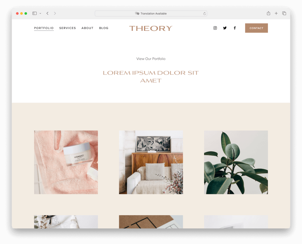 modèle de portfolio théorique Squarespace