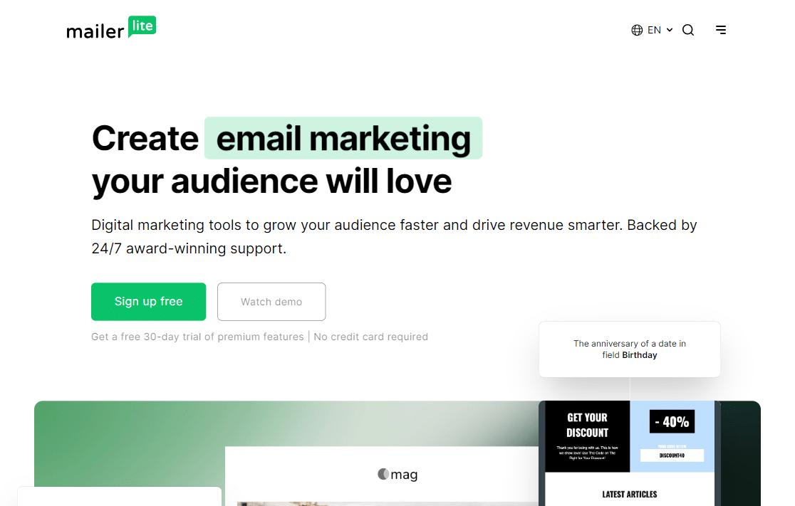 the mailerlite homepage