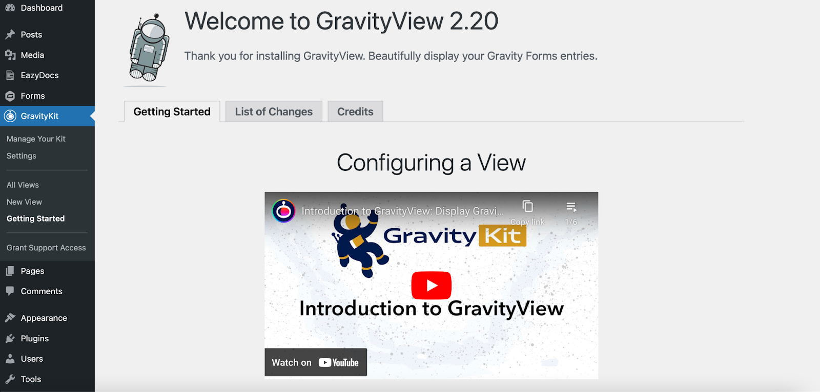 Halaman selamat datang GravityView.