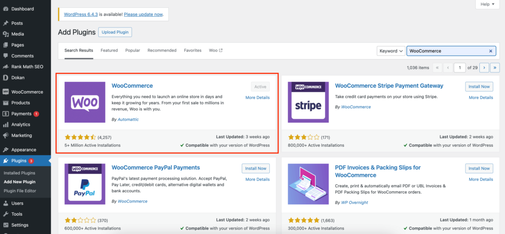 Dies ist ein Screenshot der Installation von WooCommerce