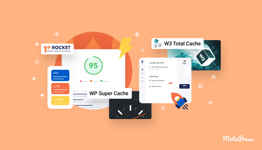 Kolase plugin caching WordPress terbaik dengan latar belakang oranye.