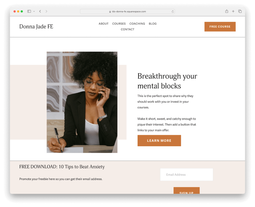 modèle de coaching Donna Squarespace