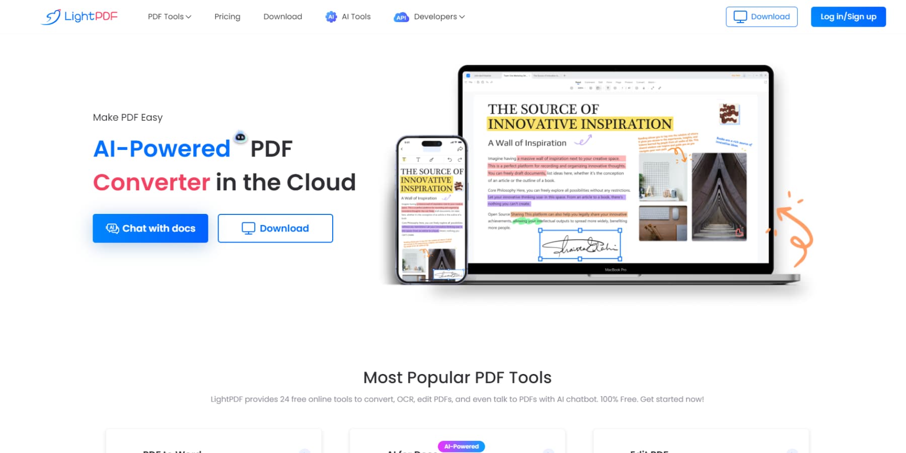 LightPDF ana sayfasının ekran görüntüsü