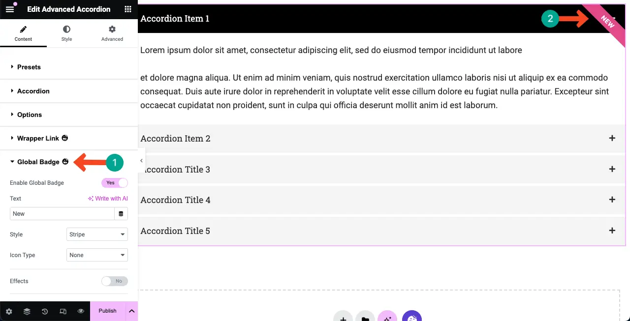 Comment utiliser le widget Accordéon avancé Elementor de HappyAddons 10 Add a global badge