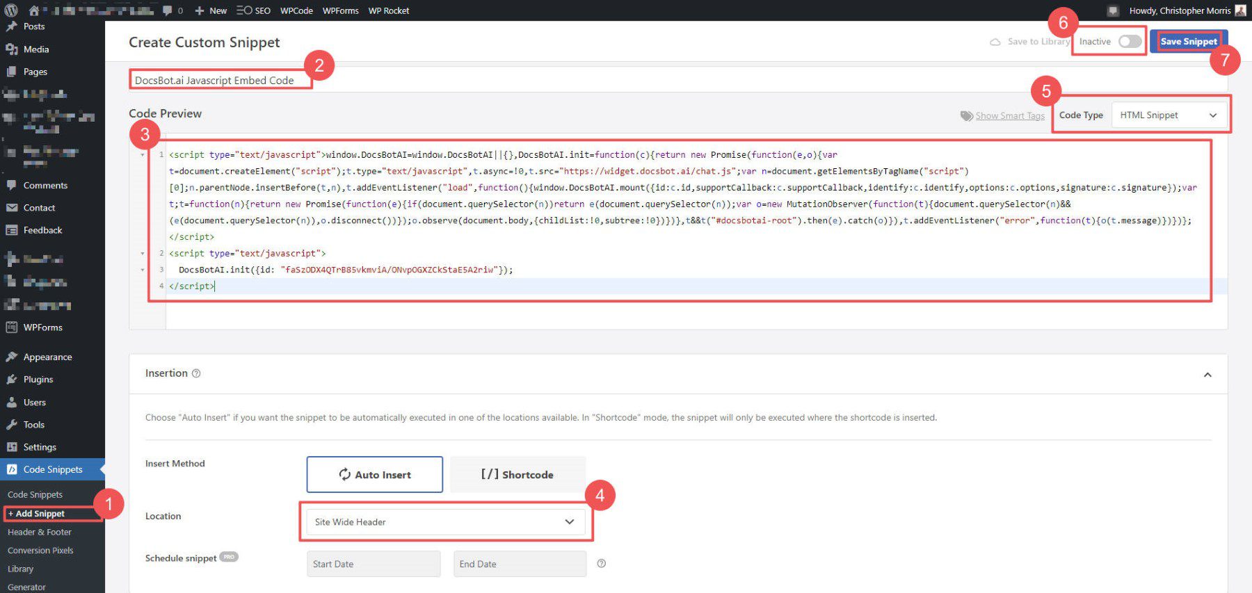 Installa Chatbot su WordPress con WPCode - Passaggi 1-7