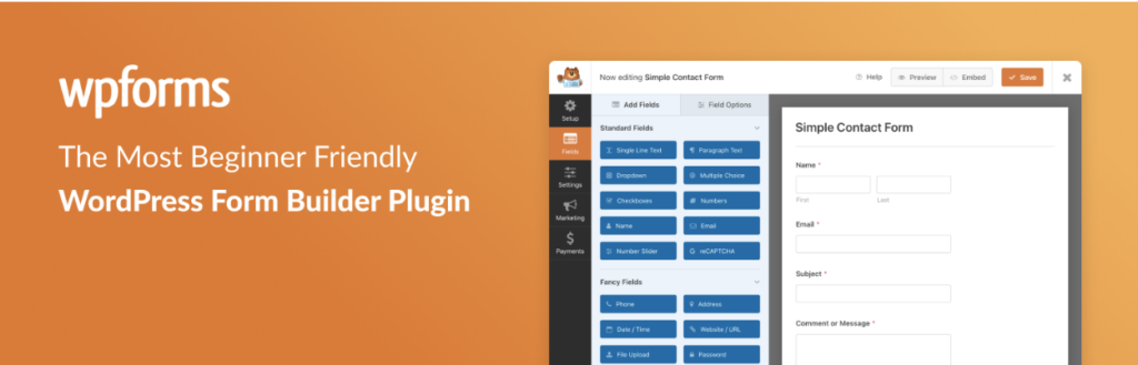 รูปภาพส่วนหัวที่มีโลโก้ WPForms ตามด้วยข้อความ 'ปลั๊กอินตัวสร้างแบบฟอร์ม WordPress ที่เป็นมิตรสำหรับผู้เริ่มต้นมากที่สุด' พร้อมภาพหน้าจอของแบบฟอร์มการติดต่อแบบง่ายที่ได้รับการแก้ไข โดยเน้นถึงความเป็นมิตรต่อผู้ใช้เป็นทางเลือกแทนแบบฟอร์ม Gravity