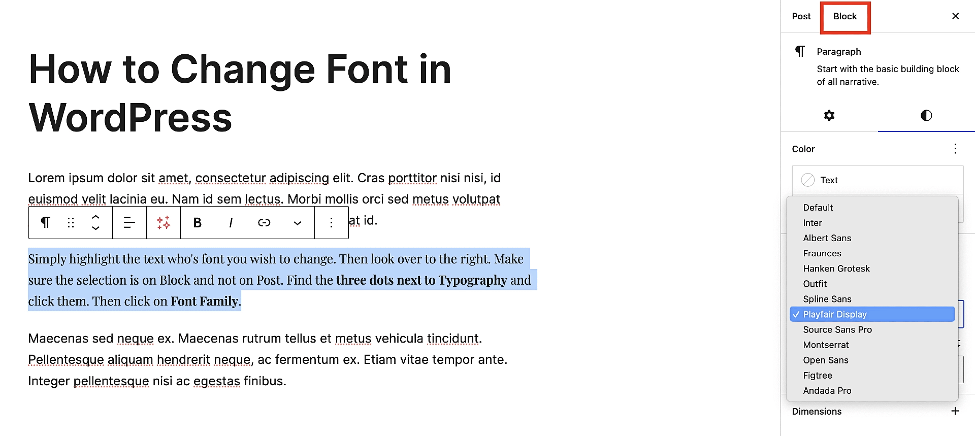 Menampilkan cara mengubah font secara lokal di editor blok.