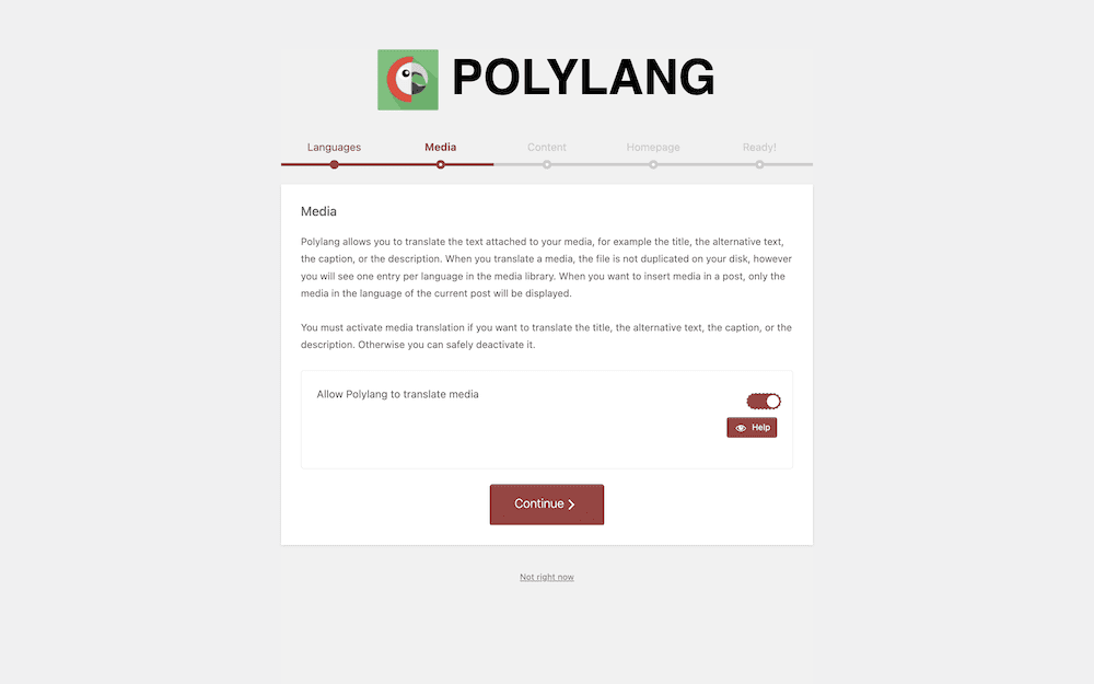 Wizard orientasi Polylang menampilkan layar Media.