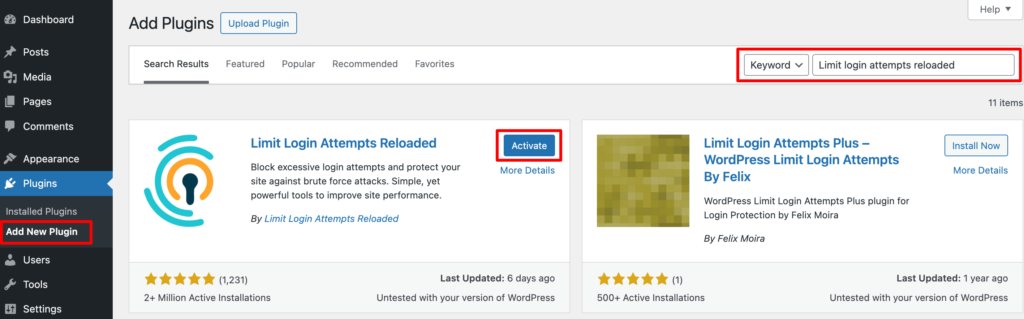 Dieser Screenshot zeigt, wie Sie das Plugin „Limit Login Attempts Reloaded“ installieren und aktivieren