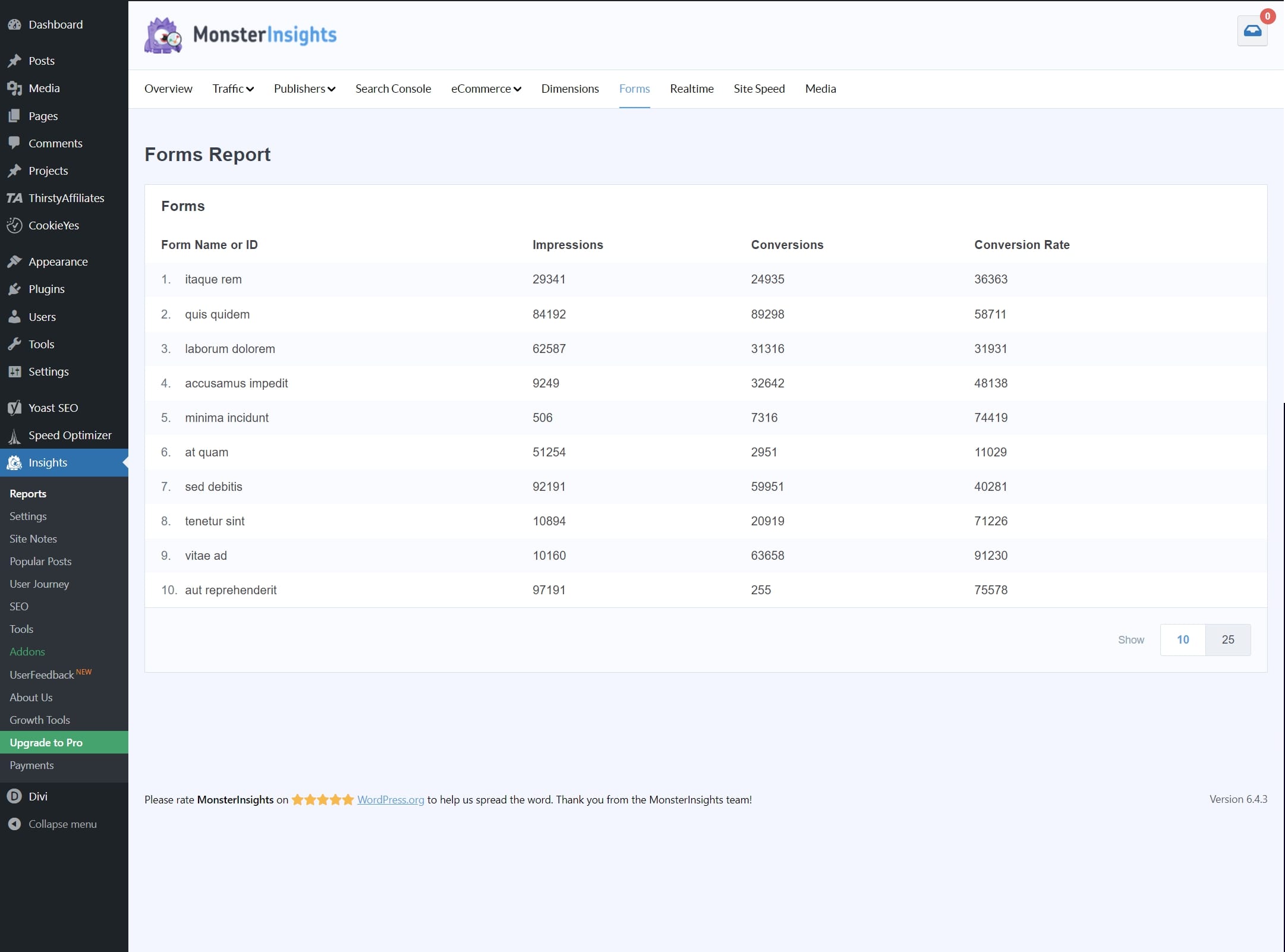 rapport de formulaire monsterinsights